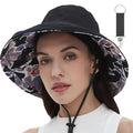 Womens Sun Hats Wide Brim Reversible Bucket Cotton Hat Packable Summer Travel Cap with Hat Clip (Medium / Black)