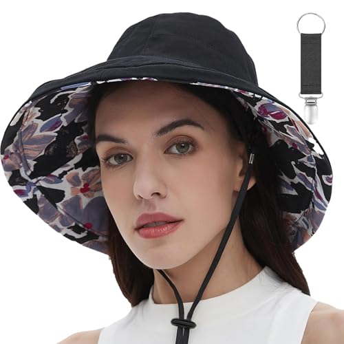 Womens Sun Hats Wide Brim Reversible Bucket Cotton Hat Packable Summer Travel Cap with Hat Clip (Medium / Black)
