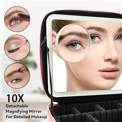 Travel Makeup Bag with LED Mirror and 10x magnifying glass with 3 Lighted Settings (Pink / With LED Mirror and 10x Magnifying Glass)