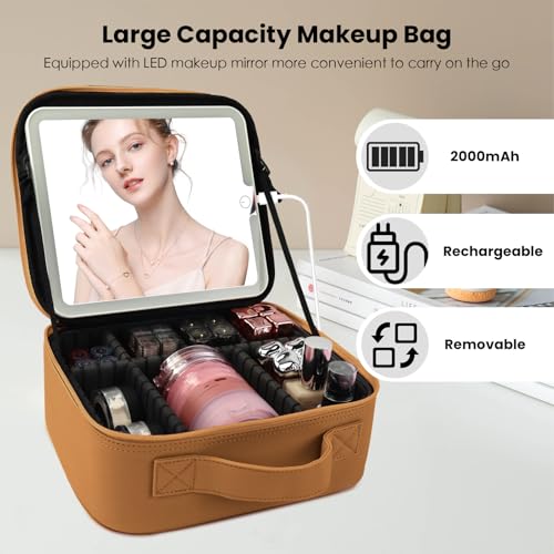 Makeup Bag with Mirror (Light Brown / Makeup bag with LED lights)