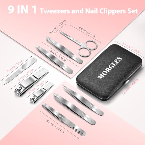 Tweezers Set for Men 9 Pcs Nail Clipper Kit with Case for Grooming (C-silver)