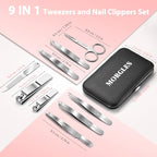 Tweezers Set for Men 9 Pcs Nail Clipper Kit with Case for Grooming (C-silver)