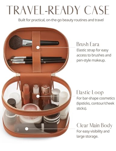 Travel Makeup Case Clear Vanity Bag with Brush Holder (Brown / Train Case)