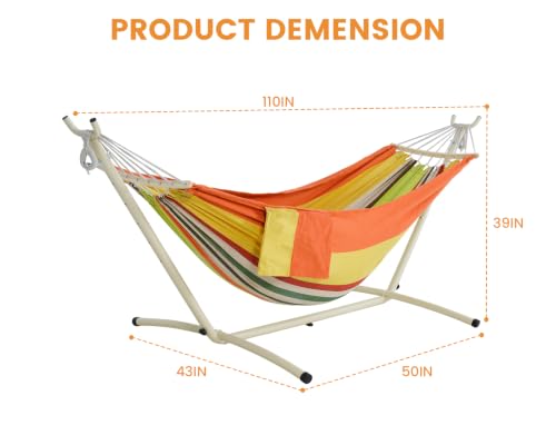 LazyDaze Hammocks Double Hammock with Stand (White Frame- Orange Green)