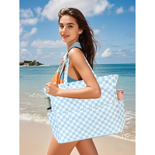 Waterproof Beach Tote Pool Bags for Women Ladies Extra Large Gym Tote Carry On Bag With Wet Compartment for Weekender Travel (Blue White Checked)
