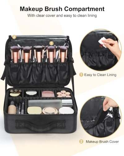 Makeup Bag Travel Makeup Train Case Large Capacity Cosmetic Case Professional Portable Makeup Brush Holder Organizer and Storage Box with Adjustable Dividers Black (Small / Black)