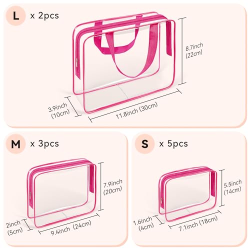 10 PCS Clear Travel Bags for Toiletries (Rose red)