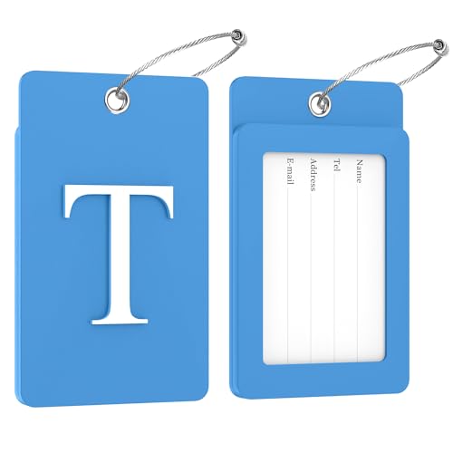 2 Pack Initial Luggage Tags for Suitcases Airplane Travel Essentials (Large T / Blue)