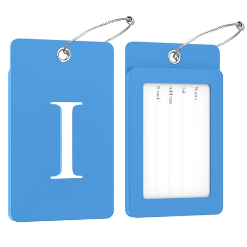2 Pack Initial Luggage Tags for Suitcases Airplane Travel Essentials (Large I / Blue)
