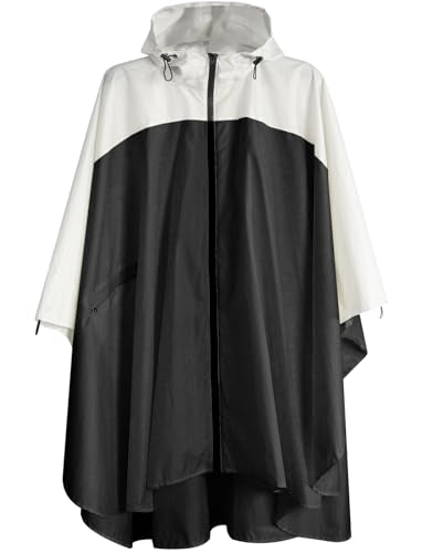 Waterproof Rain Poncho for Women Packable Hooded Raincoat with Pocket (F Black/White)