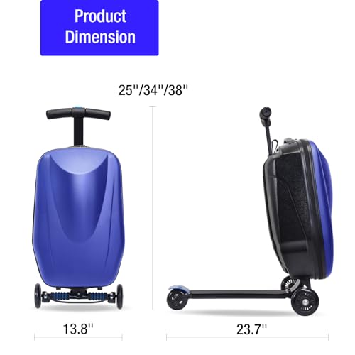 2-in-1 Ride-On Scooter Suitcase, 20” Foldable Hardshell Carry-On Luggage for Travel, Lightweight Kids Scooter Bag with Wheels (Dark Blue)