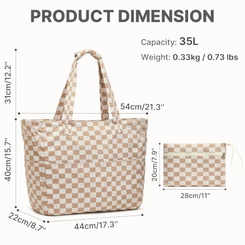 Beach Bag Waterproof Sandproof Large Capacity Foldable for Women (Brown Checkered / 35L)