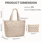 Beach Bag Waterproof Sandproof Large Capacity Foldable for Women (Brown Checkered / 35L)