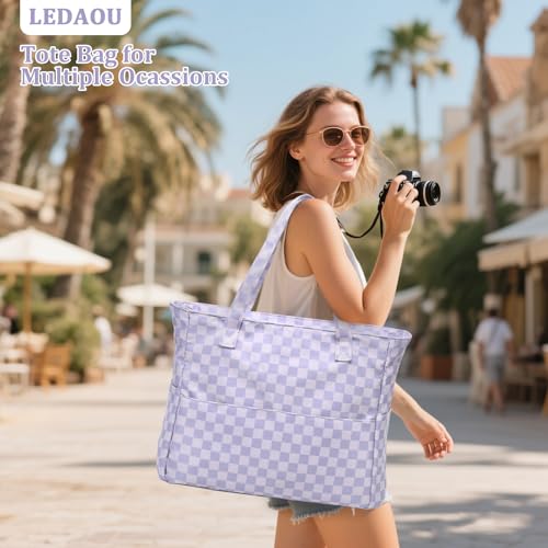 Large Beach Bag for Women (Checkerboard Purple and White)