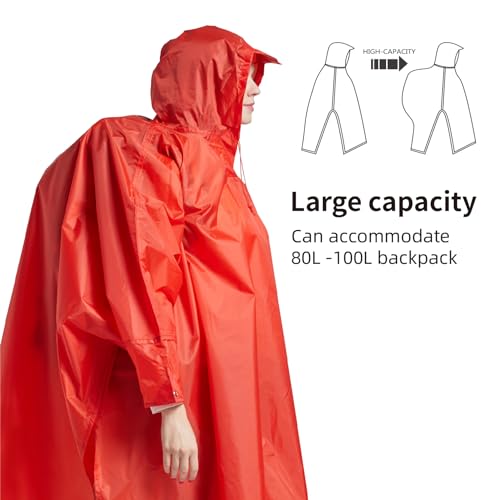 Hooded Rain Poncho for Adult with Pocket Waterproof Lightweight Unisex Raincoat for Hiking Camping Emergency (Large / Red)