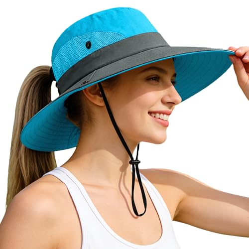Ponytail Sun Bucket Hats for Women UV Protection Foldable Wide Brim (1-blue)