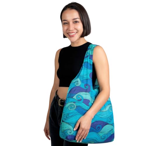 Standard 19L Tote Foldable Packable Reusable Grocery Shopping Bag (Blue Waves)