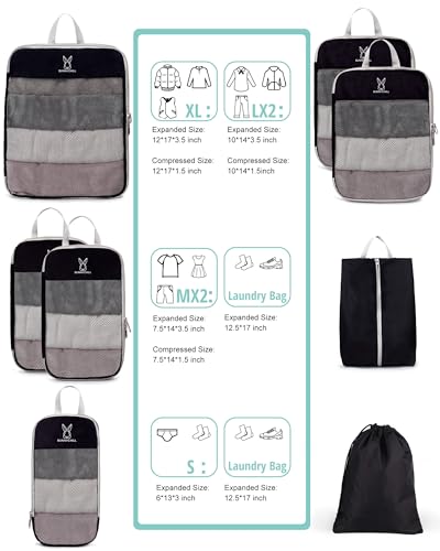 6 Set Space Saving Compression Packing Cubes Lightweight Packing Cube Black (Black / 6 Pcs(XL,L,M*2,S,laundry bag))
