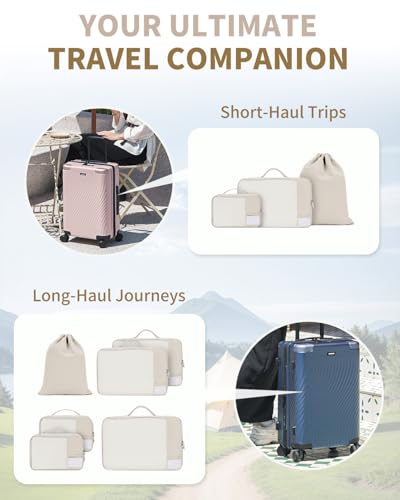 6 Set Packing Cubes for Travel Durable Suitcase Organizer Bags Set with Personalized Tag Travel Essentials with Shoe Bag Traveling Accessories for Luggage Machine Washable (Set of 6 / No Compress-Beige)