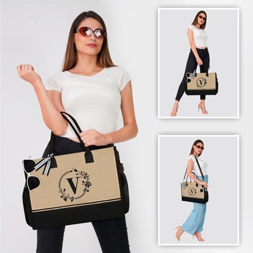 Personalized Initial Jute Tote Bag with 5 Pockets (Black/Brown - Wreath V)