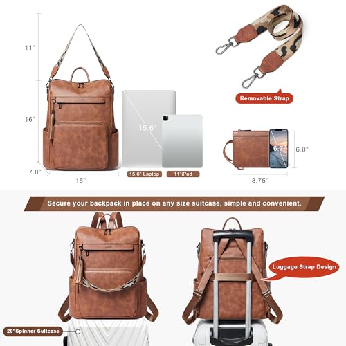 Vegan Leather Laptop Backpack for Women 15.6 inch Work Backpack Fashion Travel Backpack Purse for Travel College Work (Nubuck Brown 2)