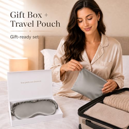 Silk Sleep Mask Light Blocking Luxury 100% Mulberry 19mm Silk Eye Mask Eye Cover Blindfold Ultra Soft Light & Comfy Anti Aging Skin Care with Travel Bag Gift Package (N-gray)