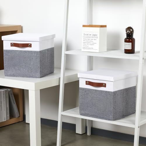 Foldable Fabric Storage Bins with Lids (10.5×10.5×10.5 / White&Grey)