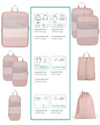 8 Set Space Saving Compression Packing Cubes Lightweight Packing Cube Pink (Pink / 8 Pcs(XL,L*2,M*2,S,laundry bag,shoes bag))
