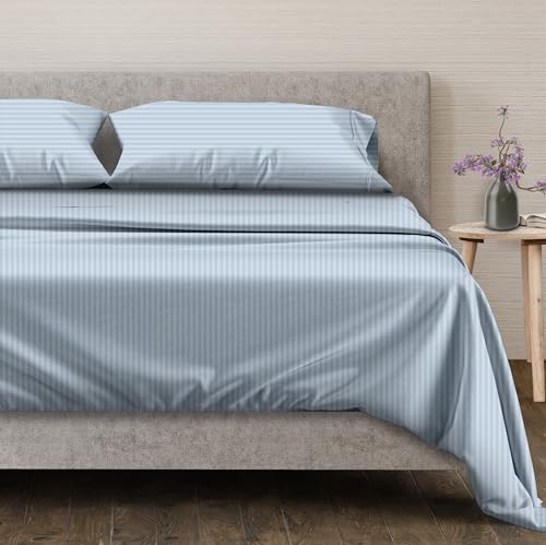 100% Egyptian Cotton King Size Sheets Set (King / 24 - Striped Light Blue)