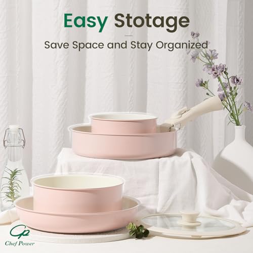Ceramic Nonstick Pots and Pans Set 19 Piece with Detachable Handle (Light Pink)