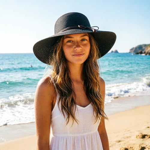 Womens Sun Straw Hat Bowknot Hat Summer Wide Brim Bucket Hats Foldable Beach Sun Hats Roll up UPF 50+ (1 Pack Bowknot Hat: Black, 4.7" Brim)
