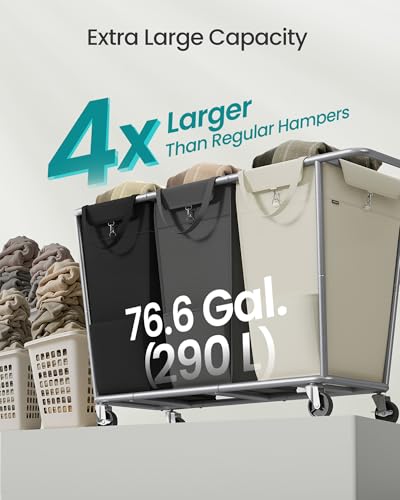 3 Section Laundry Basket with Wheels (Dark Gray + Ink Black / 290 L (3-Section))