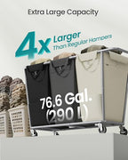 3 Section Laundry Basket with Wheels (Dark Gray + Ink Black / 290 L (3-Section))