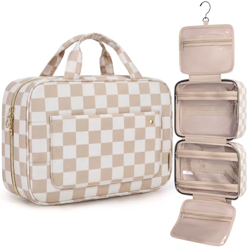 Toiletry Bag Travel Bag with Hanging Hook (Medium / Khaki Checkerboard)