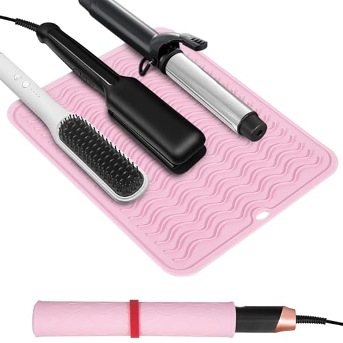 Heat Resistant Mat Oversize Curling Iron Mat Silicone Hot Hair Tools Mat for Hair Straightener (Pink)