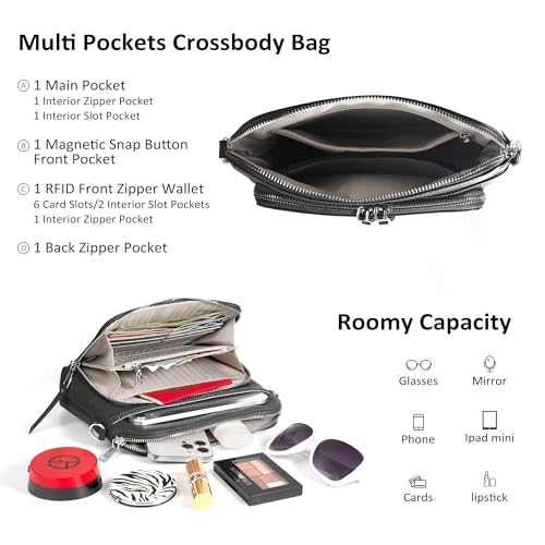 Black Genuine Leather Crossbody Bags for Women Travel Wallet Purse (Black)