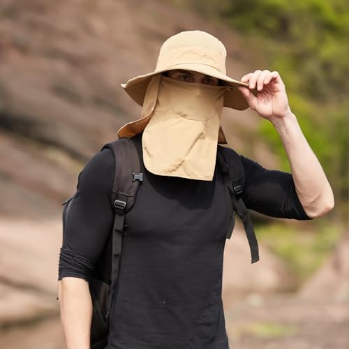 Sun Hats for Men Women Fishing Hat UPF 50+ Breathable Wide Brim Summer UV Protection Hat with Face Cover & Neck Flap (Khaki(with Face Cover & Neck Flap ))