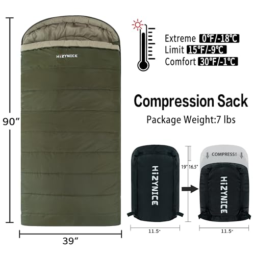 Sleeping Bags for Adults XXL Cold Weather (Green / 0F Right Zip)