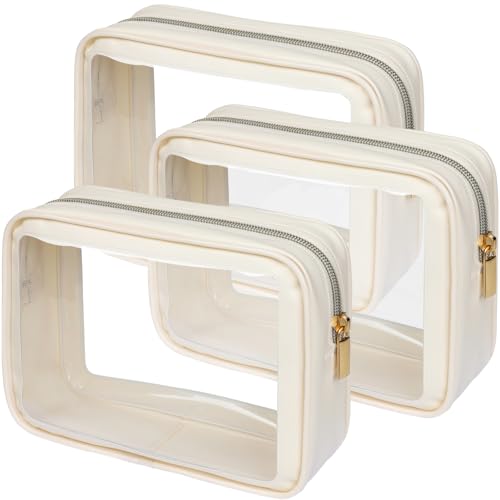 Clear Makeup Bag Travel (3 Pack Beige / TSA Specialist (3-Pack Medium - Soft))