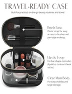 Travel Makeup Bag Clear Compact Make Up Vanity Case with Brush Storage and Top Handle (Black / Train Case)