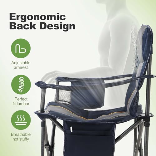 Folding Camping Chair Oversized Heavy Duty Padded Outdoor Chair with Cup Holder Storage and Cooler Bag (Navy Blue / Single Pack)
