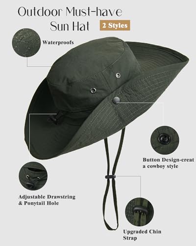 Sun Hats for Women Ponytail Wide Brim Summer Packable Cowboy Hat (One Size / Army Green)