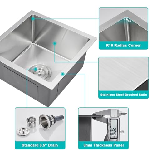 15 x 15 Inch Undermount Kitchen Sink 18 Gauge 304 Stainless Steel (Brushed / D15"xW15"xH8")