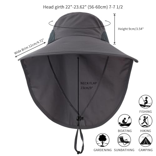 UPF50+ Mens Sun Hat Wide Brim Fishing Hat with Neck Flap Sun Protection Cap for Beach Safari (Large-X-Large / Dark Gray)