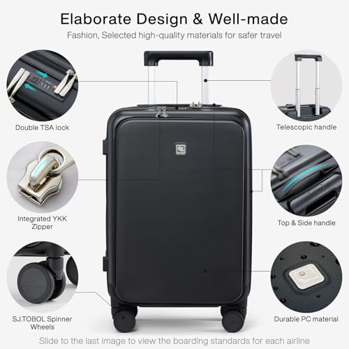 Grace Carry On Luggage with Wheels Airline Approved Hard Shell Suitcases with Front Pocket (Jet Black / 20 Inch-2)