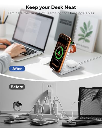 3-in-1 for Magsafe Charging Station, Foldable Travel Charger Stand for Apple, Wireless Magnetic Charging Dock for Multiple Devices iPhone 17 16 15 14 13 12 Series/Apple Watch/Airpods (White)
