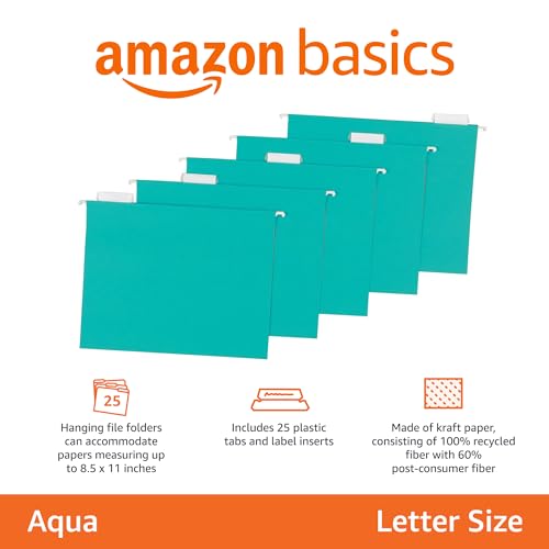 Hanging File Folders with Adjustable Tabs for Document Organization (Aqua / Letter)