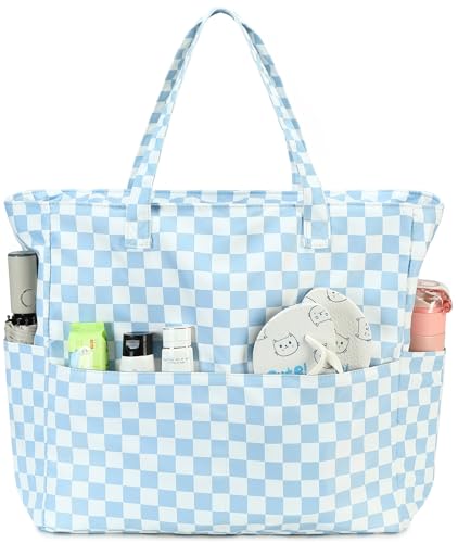 Waterproof Beach Tote Pool Bags for Women Ladies Extra Large Gym Tote Carry On Bag With Wet Compartment for Weekender Travel (Blue White Checked)