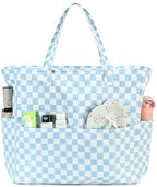 Waterproof Beach Tote Pool Bags for Women Ladies Extra Large Gym Tote Carry On Bag With Wet Compartment for Weekender Travel (Blue White Checked)