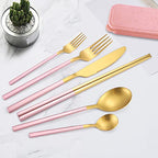 6 Pieces Stainless Steel Flatware Set Portable Reusable Cutlery Set Travel Utensils Set Including Chopsticks Knife Fork Spoon Straws Cleaning Brush Dishwasher Safe (B-Pink golden)